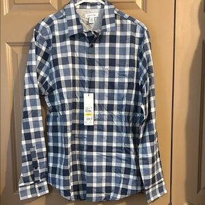 Calvin Klein Men's Navy and Light Blue Check Button-Down Shirt